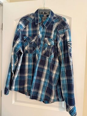 Affliction Men's Navy & Teal Plaid Button-Down Shirt